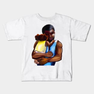 The best Father’s Day gifts 2022. Father and child - Super hero dad -  Strong muscular black man cradling a baby Kids T-Shirt